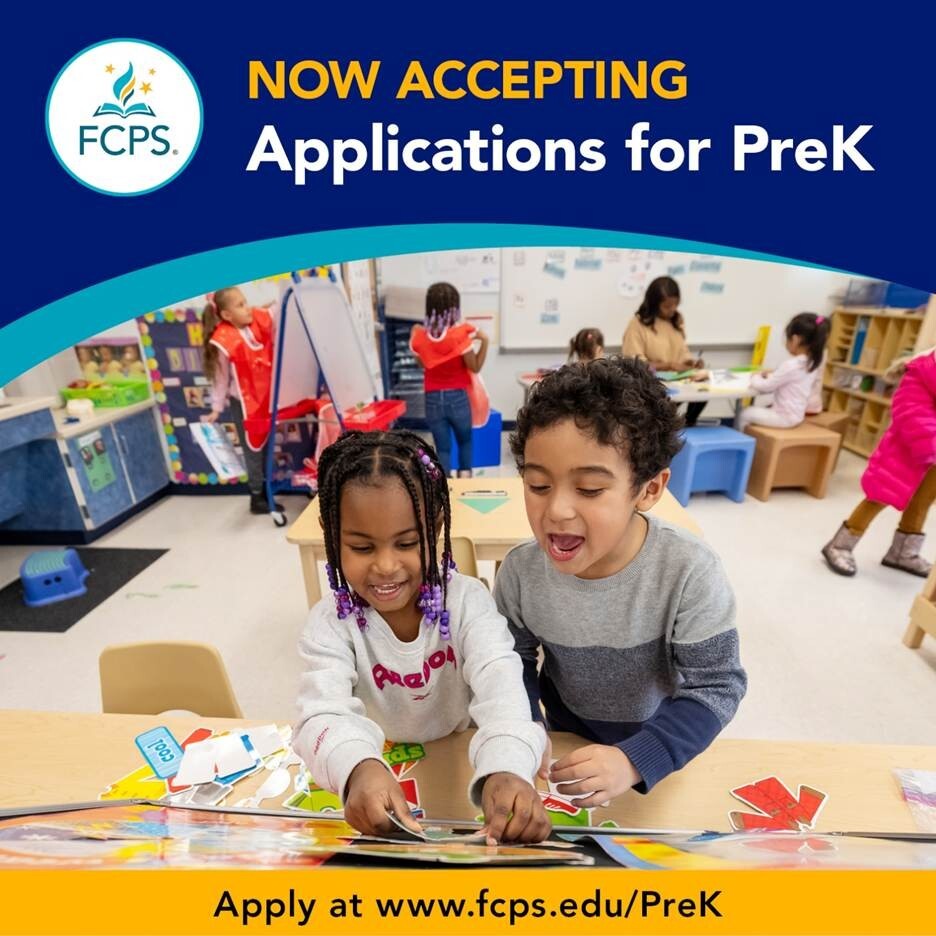 Picture of children playing. "Now Accepting Applications for FCPS Pre-K".  Apply at www.fcps.edu/PreK