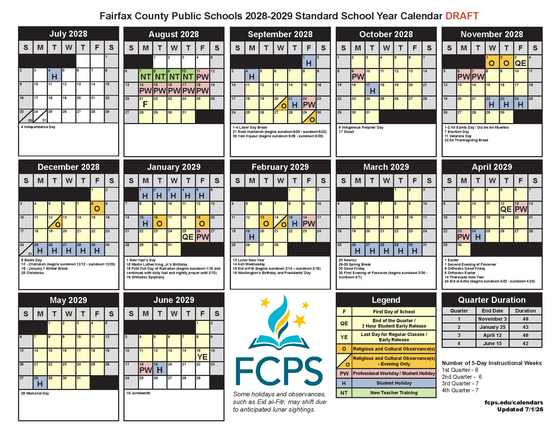 2028-2029 School Year Calendar Draft