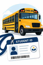 Image of a school bus with a student identification card