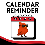 Calendar Reminder graphic featuring a red cardinal mascot wearing sunglasses