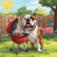bulldog cooking in front of a grill