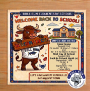cartoon bull holding a welcome back sign, a school, and box with texts