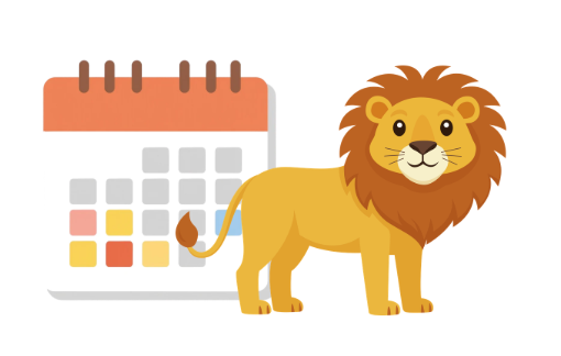Picture of a lion standing with a calendar