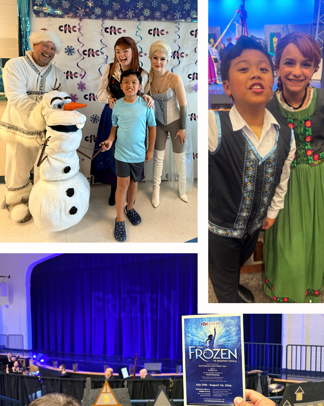 Four-panel collage featuring students and actors dressed as Disney Frozen characters, an auditorium stage, and a theater playbill program.