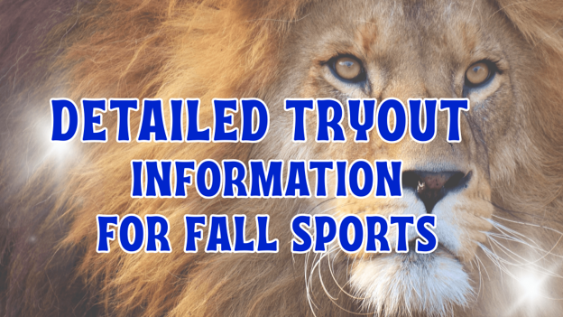 Fall Sports Tryouts graphic with a Lion background