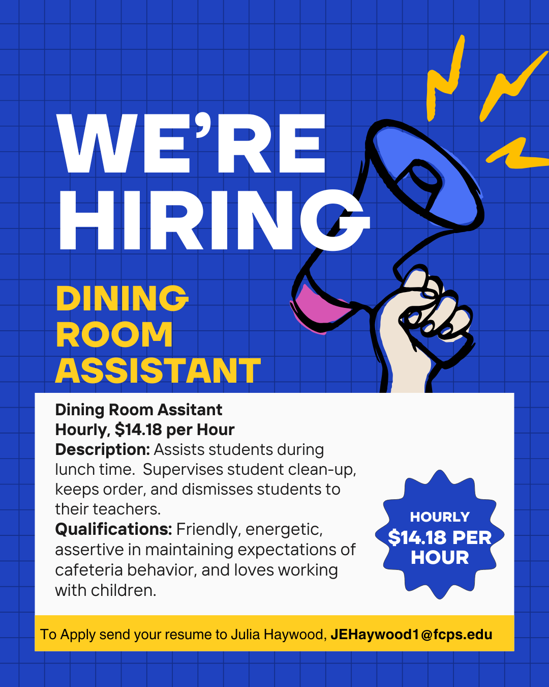 Dining Room Assistant Job positing.  More information in text below.