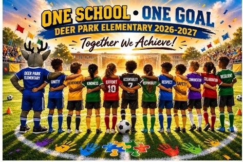 students linked arm in arm in colorful team sports jerseys with one school one goal Deer Park