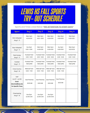Lewis High School Falls Sports Try-Out Schedule