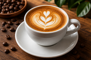 Mug of cappuccino on a table with coffee beans