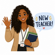 Clipart image of a girl holding notebooks and waving with text that says "New Teacher"
