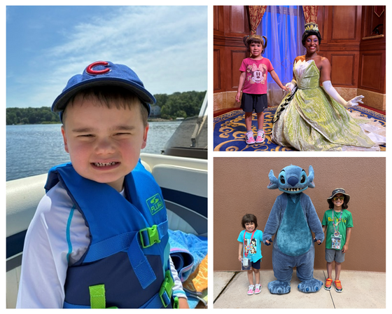Three-panel collage of elementary students on summer vacation, featuring boating on a lake and posing with costumed theme park characters.