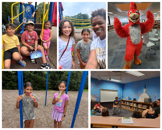 Fivepanel collage of elementary students eating popsicleson the playground withthe principal, posing with a mascot, and attending library orientation.