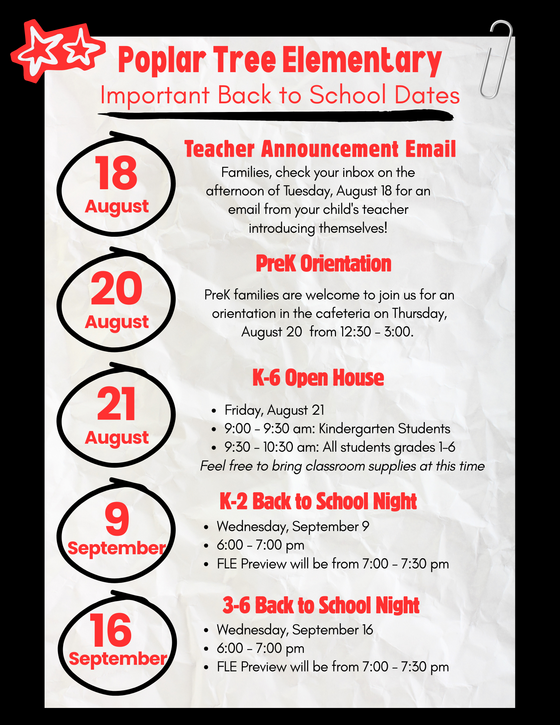 Back to School Dates for PTES