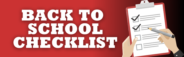 red and black gradient background with 'back to school checklist; in white font with a small checklist clipboard