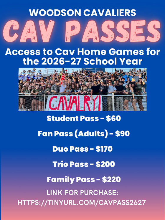 Woodson Cavalier Cav Passes with Woodson students standing in stadium seat with Cavalry banner