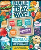 Infographic with images of different food groups explaining how to build a balanced lunch