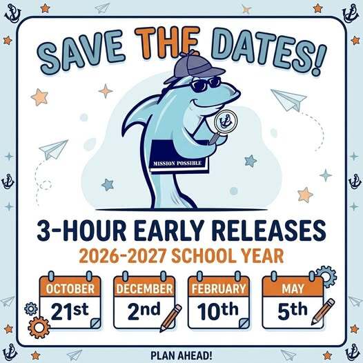 Three Hour Early Release Save the date announcment with mascot fipper the dolphin dressed in disguise