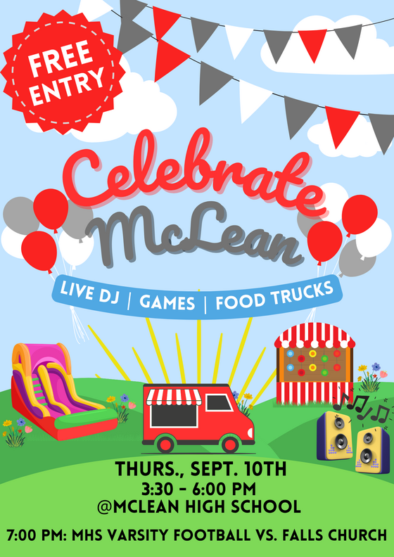 Celebrate McLean event flyer with colorful illustrations of a food truck, inflatable slide, carnival game, and DJ speakers.