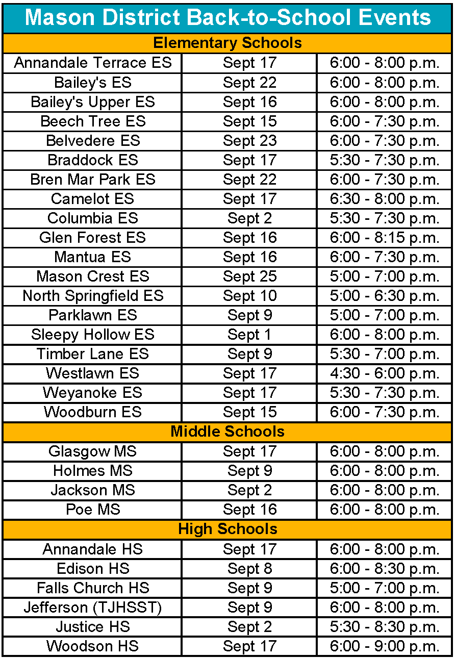 List of Mason District Back to School Night Events