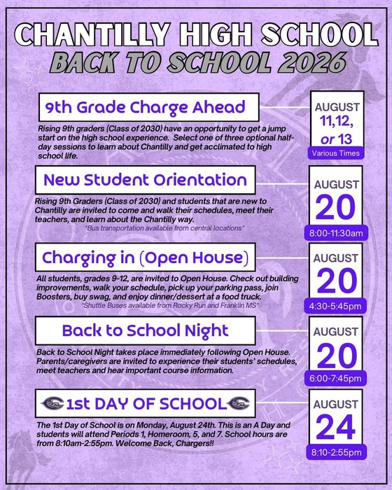 Graphic with details on Chantilly High School back to school events
