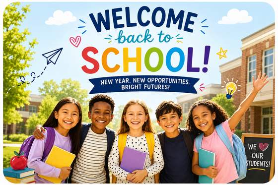 Students smiling with a Welcome Back to School Banner
