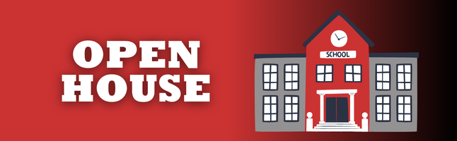 Red and black gradient with white writing Open House with a grey and red house