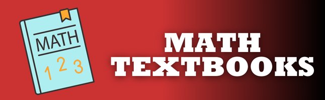 Math textbook with red and black gradient background with white text ‘Math Textbooks’ 