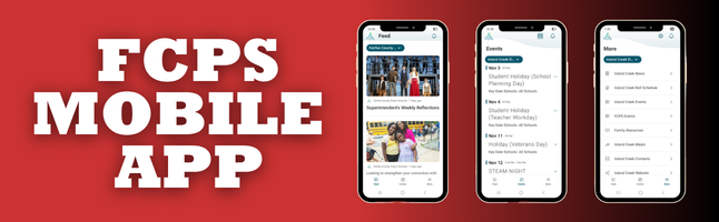 Photos of FCPS app with red and black gradient background with white text ‘FCPS Mobile App’