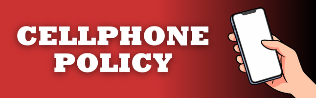 Hand holding cellphone with red and black gradient background with white text ‘cellphone policy’