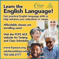 Flyer for FCPS ACE English language classes, showing diverse smiling adults and providing contact information