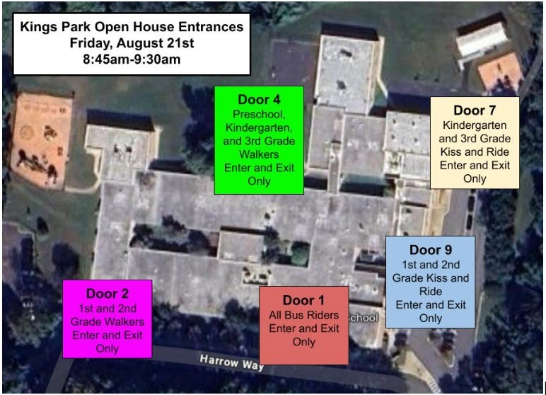 Open House Entrances labeled at each door of the school