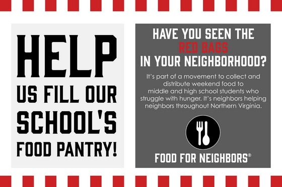 Graphic asking for food pantry donations and explaining that red bags collect weekend food for middle and high school students.