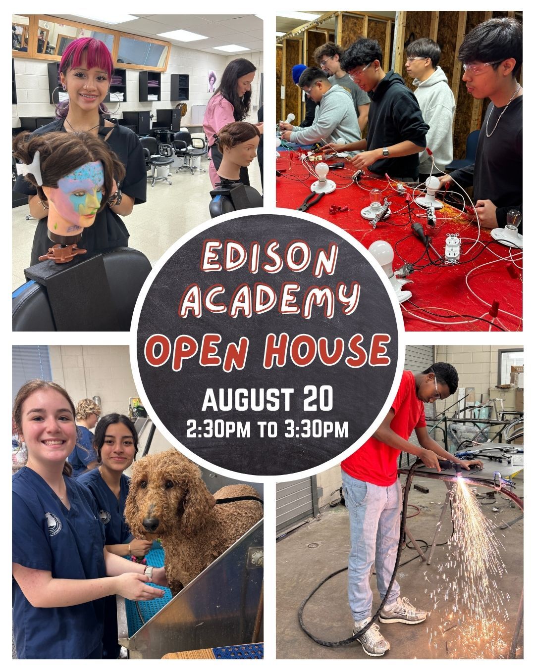collage of four students in their academy courses along with details about the open house that are listed above