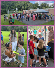 Students and teachers engaging with each other on the blacktop at the Meet and Mingle event