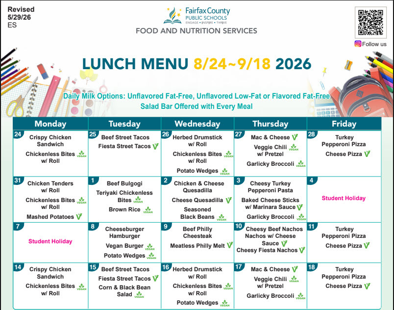 Lunch Menu for August 24th through September 18, 2026