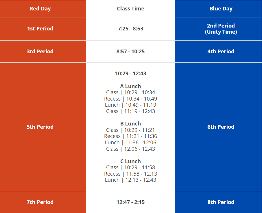 Screenshot of bell schedule