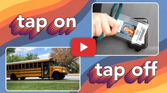 Side view of school bus and closeup of a student's hand holding a photo ID on a sensor
