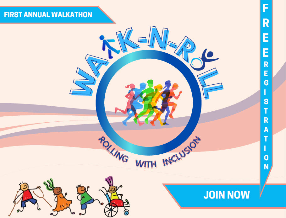 the words walk and roll with cartoons of various people running