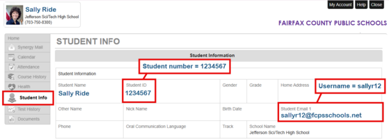 An example of what the Username and Student ID look like in ParentVue
