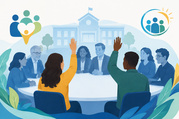 A group of people are seated around a table collaborating