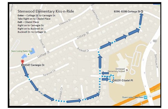 Kiss n Ride Map. Enter: Cottage to Carnegie. Right on Citadel. Exit: Citadel. Right onto Carnegie. Right on Bucknell. Bucknell to Cottage