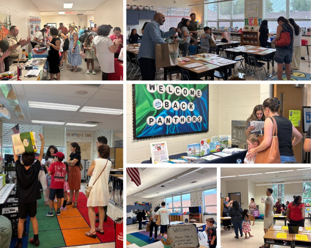 A photo collage showing students, parents, and teachers interacting inside classrooms and hallways during a school Open House event.