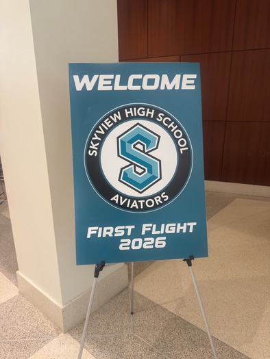 Skyview High School welcome sign featuring the Aviators logo and “First Flight 2026.”