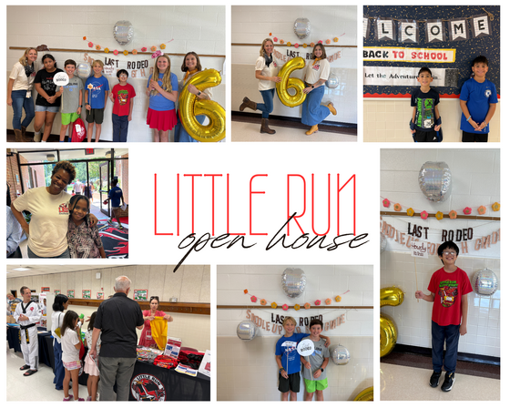 Multi-panel collage titled "Little Run Open House" showing elementary students, families, and staff visiting classrooms and activity booths.