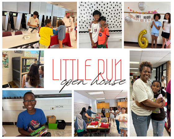 Multi-panel collage titled "Little Run Open House" showing elementary students, families, and staff visiting classrooms and activity booths.