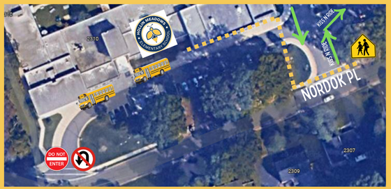 Map of the front of HMES indicating where to find the bus loop and Kiss and Ride line.