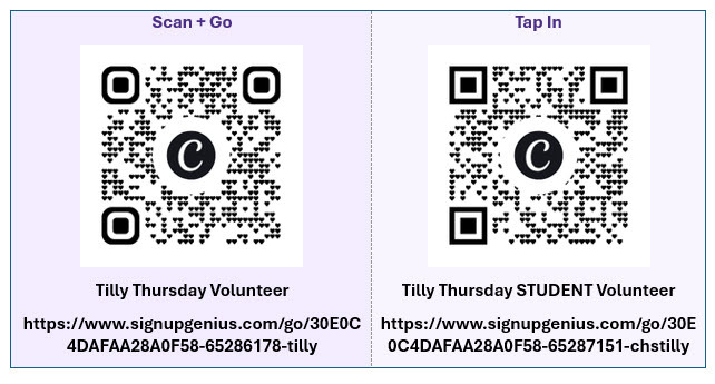 QR Codes for Tilly Thursday Volunteer and Student Volunteer