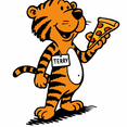 Terry the Tiger wearing a name tag and holding a slice of pizza