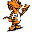 Terry the Tiger wearing a name tag and holding a slice of pizza
