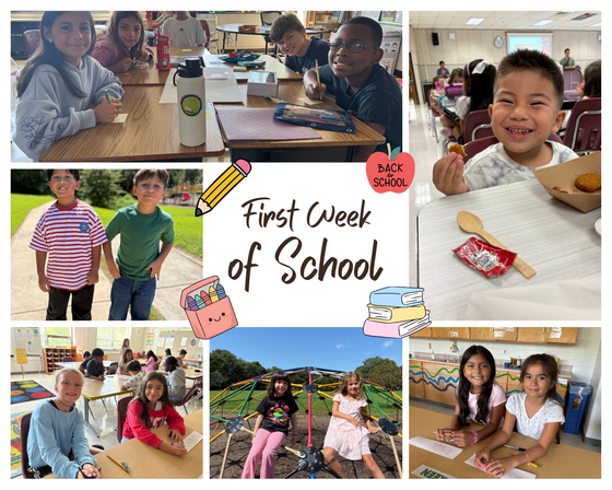 Multi-panel photo collage titled "First Week of School" showing elementary students in classrooms, eating lunch, and playing on a playground dome.